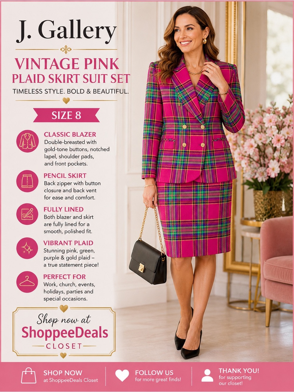 J. Gallery Vintage Pink Plaid Skirt Suit Set – Size 8